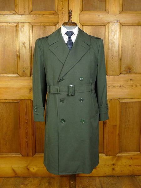 24/0205 exceptional deadstock unworn vintage heavyweight green gabardine wool d/b raincoat w/ removable wool liner 42-44 short