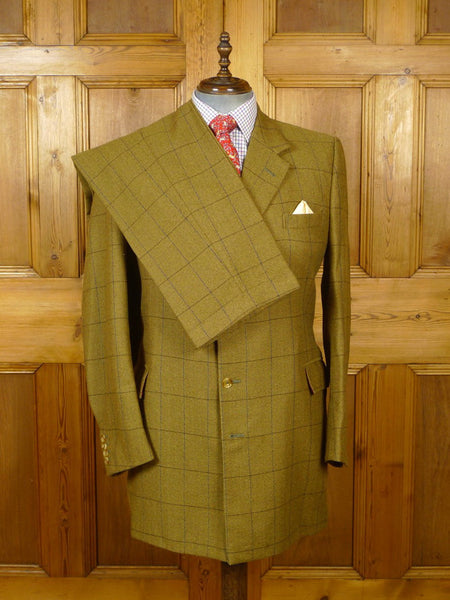 22/1080 distinctive castles city of london bespoke 2003 tan brown windowpane check tweed suit w/ ghillie collar 46 long