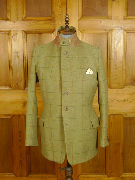 24/0291 near immaculate vintage savile row bespoke green windowpane check tweed hacking jacket w/ ghillie collar 39-40 regular