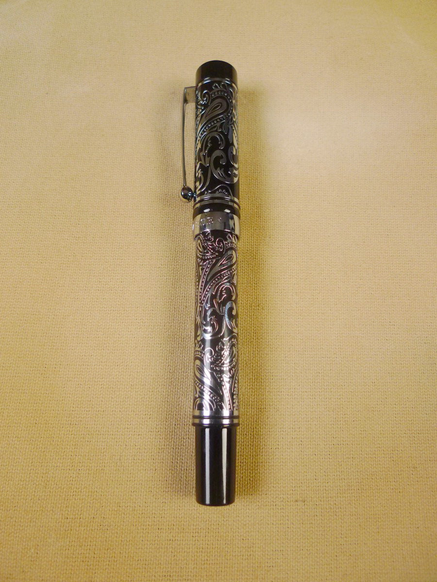 24/0406a turnbull & asser london inlaid black / silver art deco paisley design fountain pen in original box