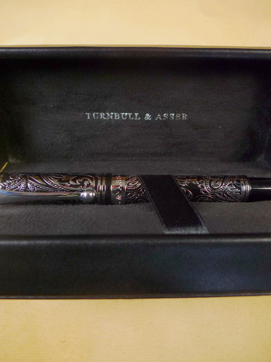 24/0406a turnbull & asser london inlaid black / silver art deco paisley design fountain pen in original box