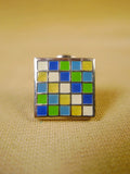 24/0383gby turnbull & asser Green Blue Yellow chequerboard design cufflinks