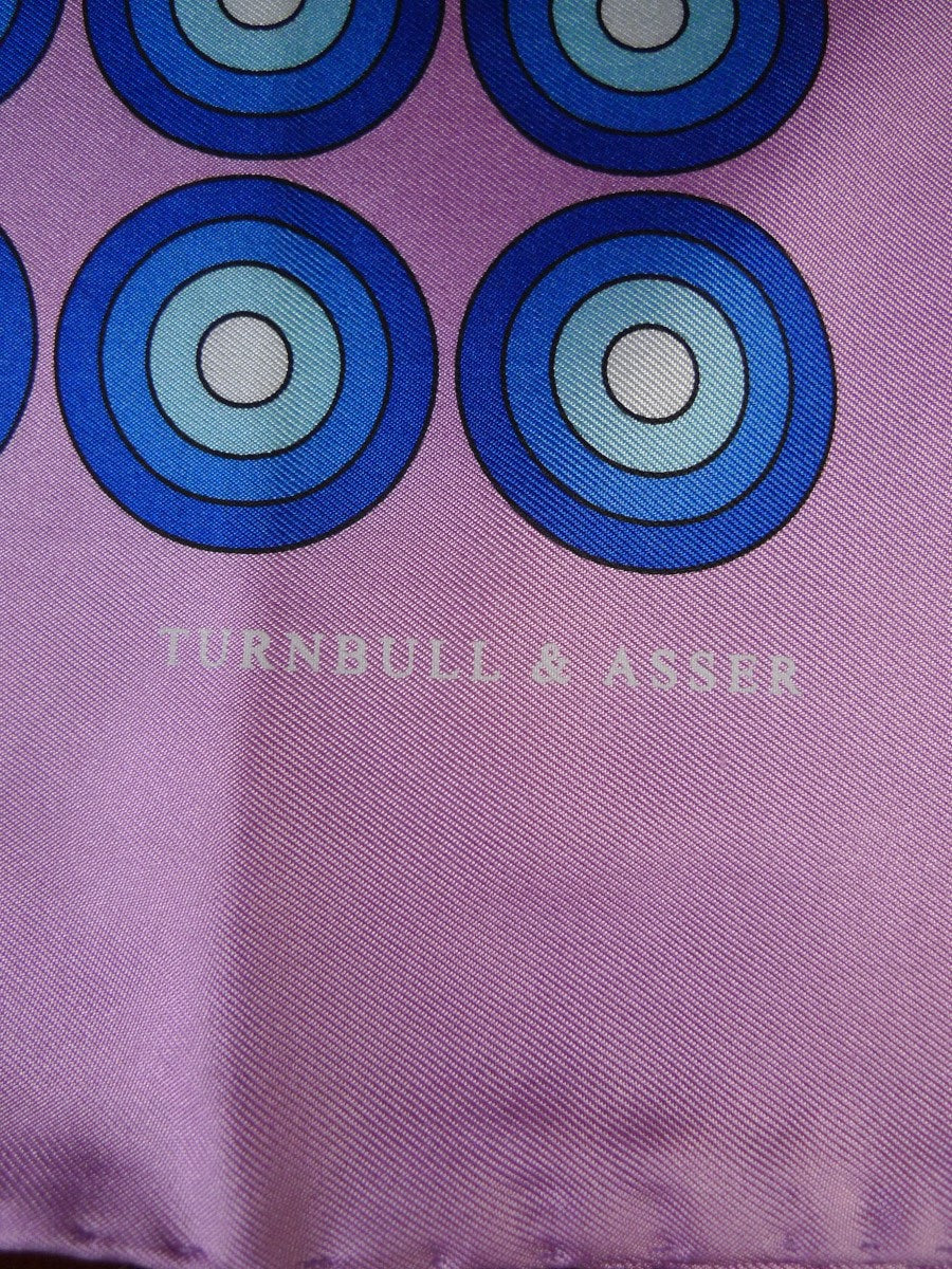 24/0399 new Turnbull & Asser JERMYN ST. mauve blue target pattern all silk pocket square