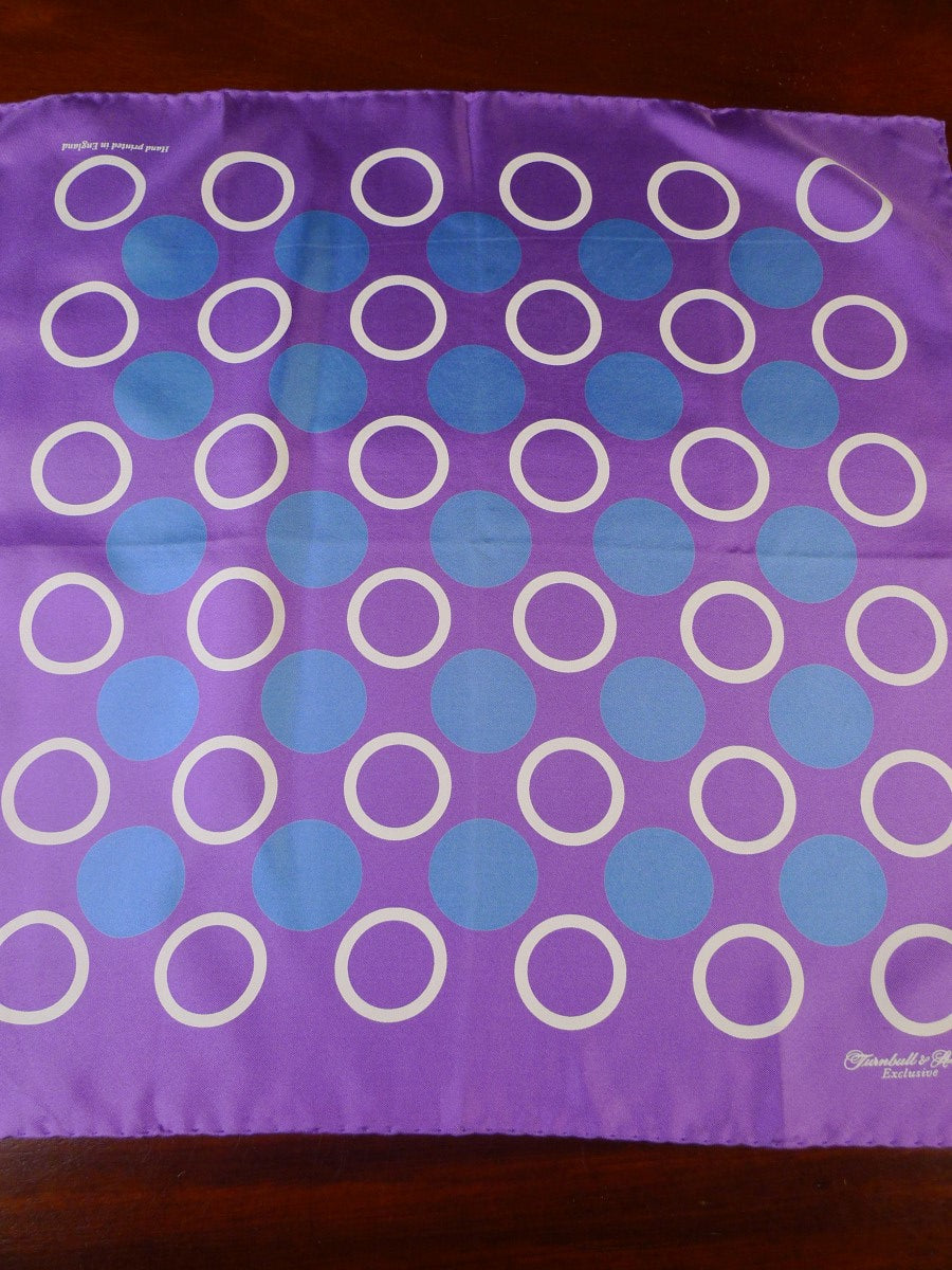 24/0398 new Turnbull & Asser JERMYN ST. purple blue circles pattern all silk pocket square