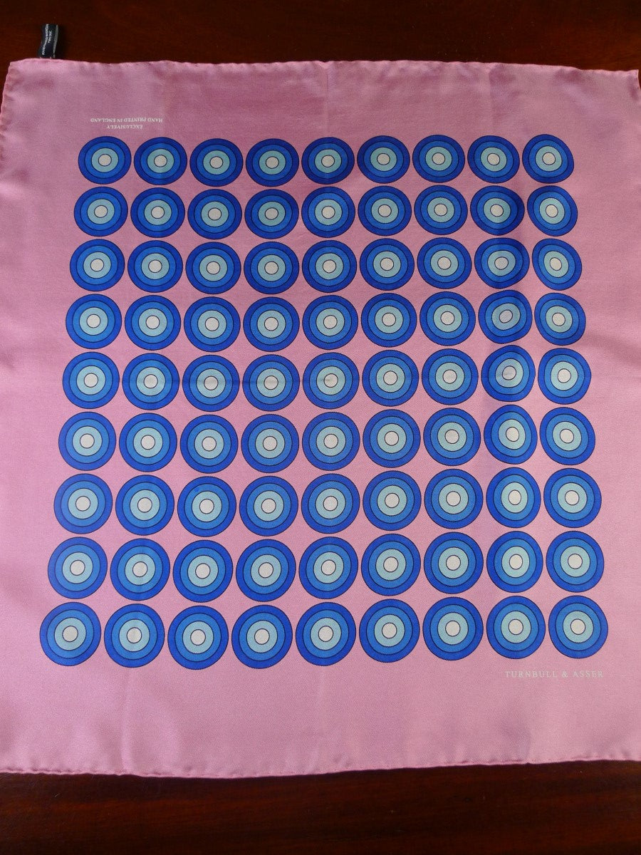 24/0400 new Turnbull & Asser JERMYN ST. pink blue target pattern all silk pocket square