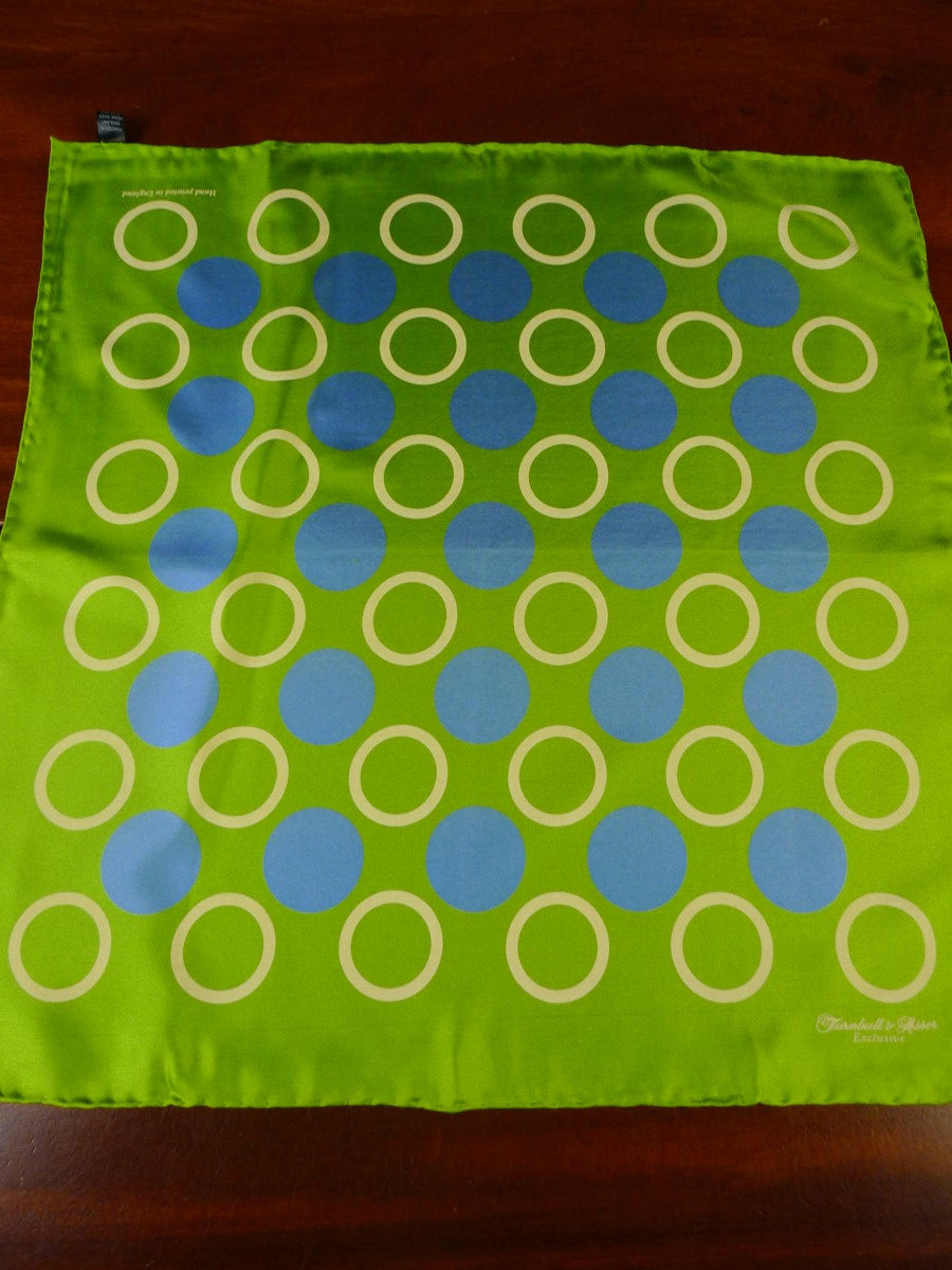 24/0395 new Turnbull & Asser JERMYN ST. green blue circles pattern all silk pocket square