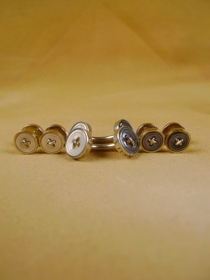 24/0375 immaculate set of turnbull & asser reversible hallmarked silver & mother of pearl cufflinks and 4 matching dress shirt studs (rrp £545)