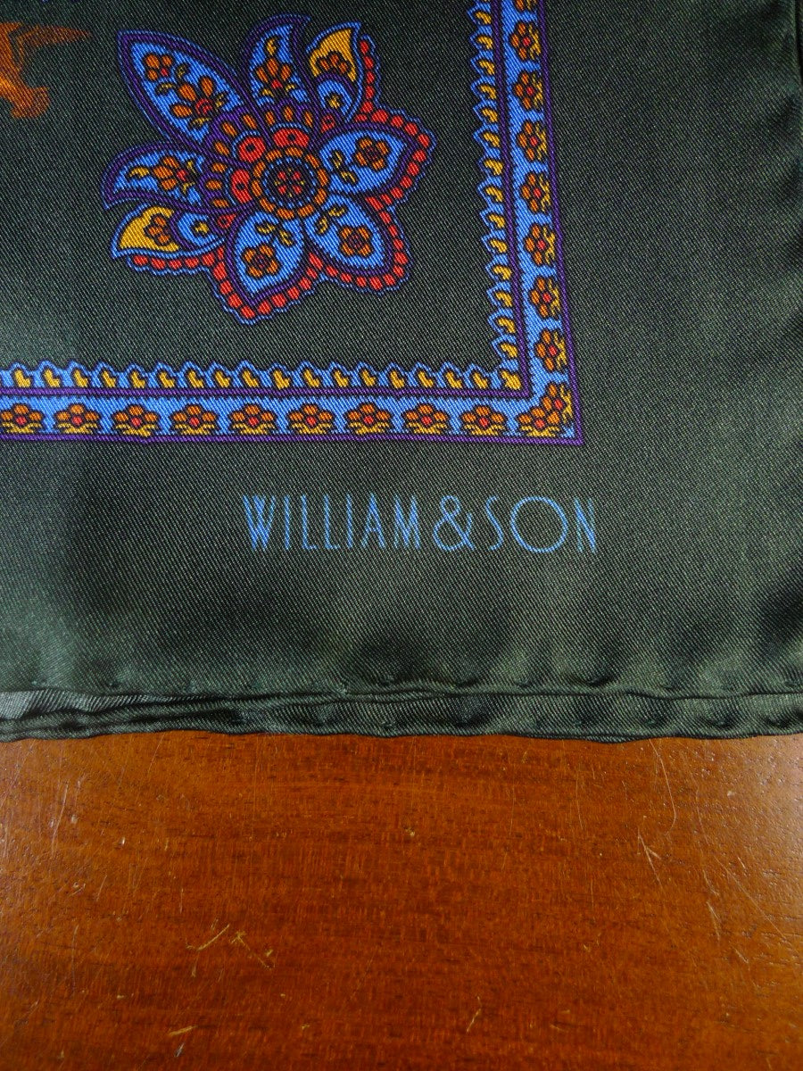 24/0434 new william & son London green birds paisley design all silk pocket square