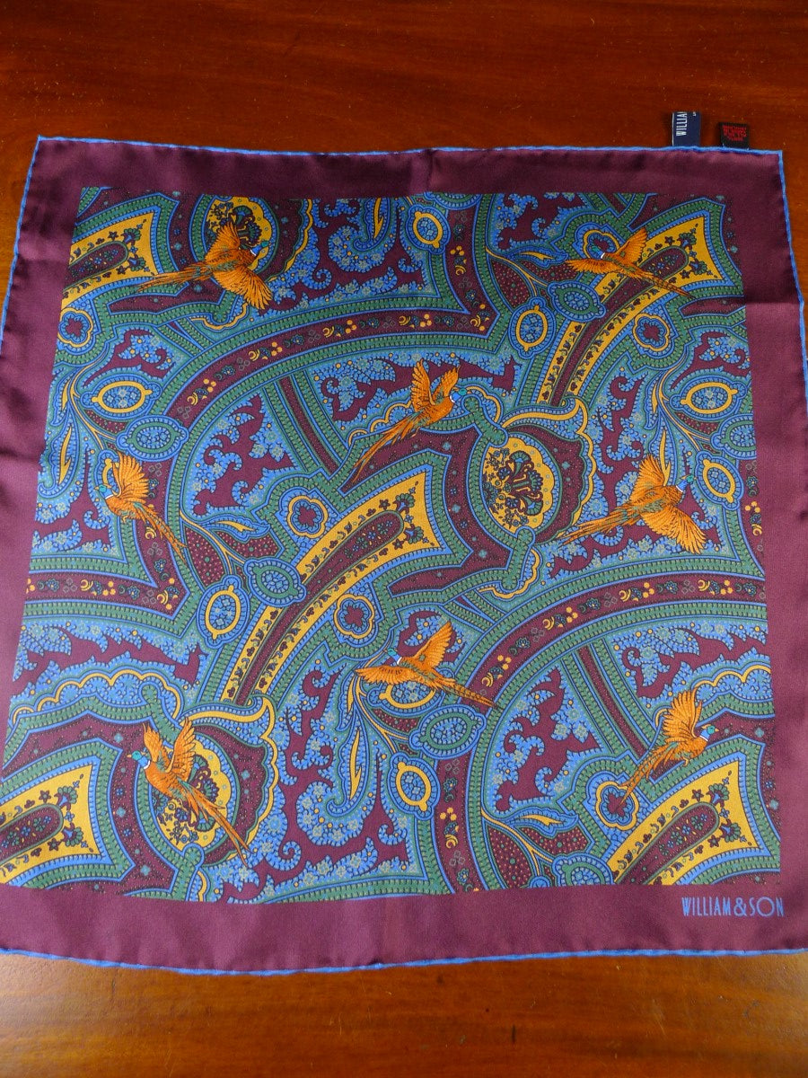 24/0437 new william & son London maroon birds paisley design all silk pocket square