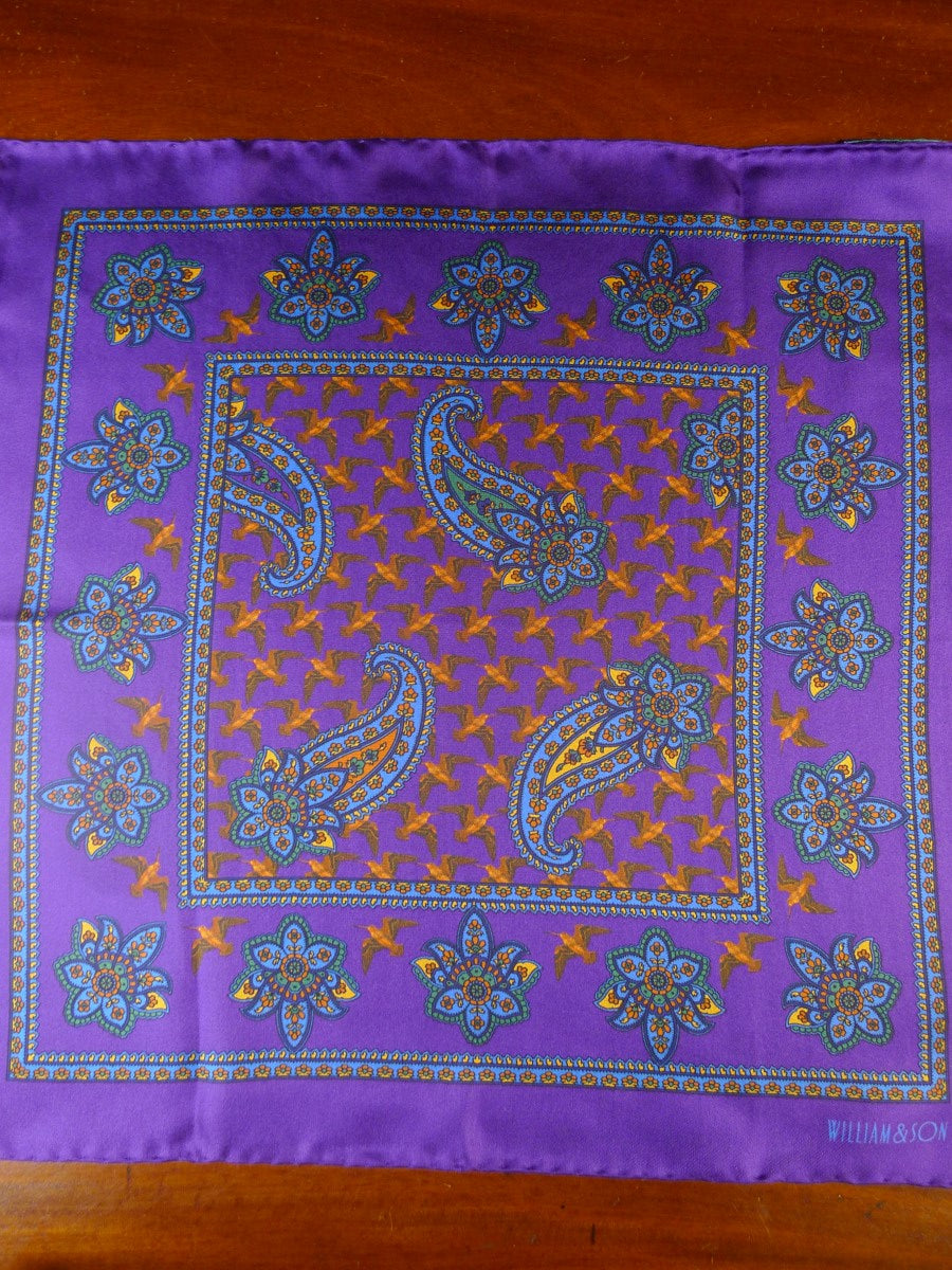 24/0436 new william & son London purple birds paisley design all silk pocket square