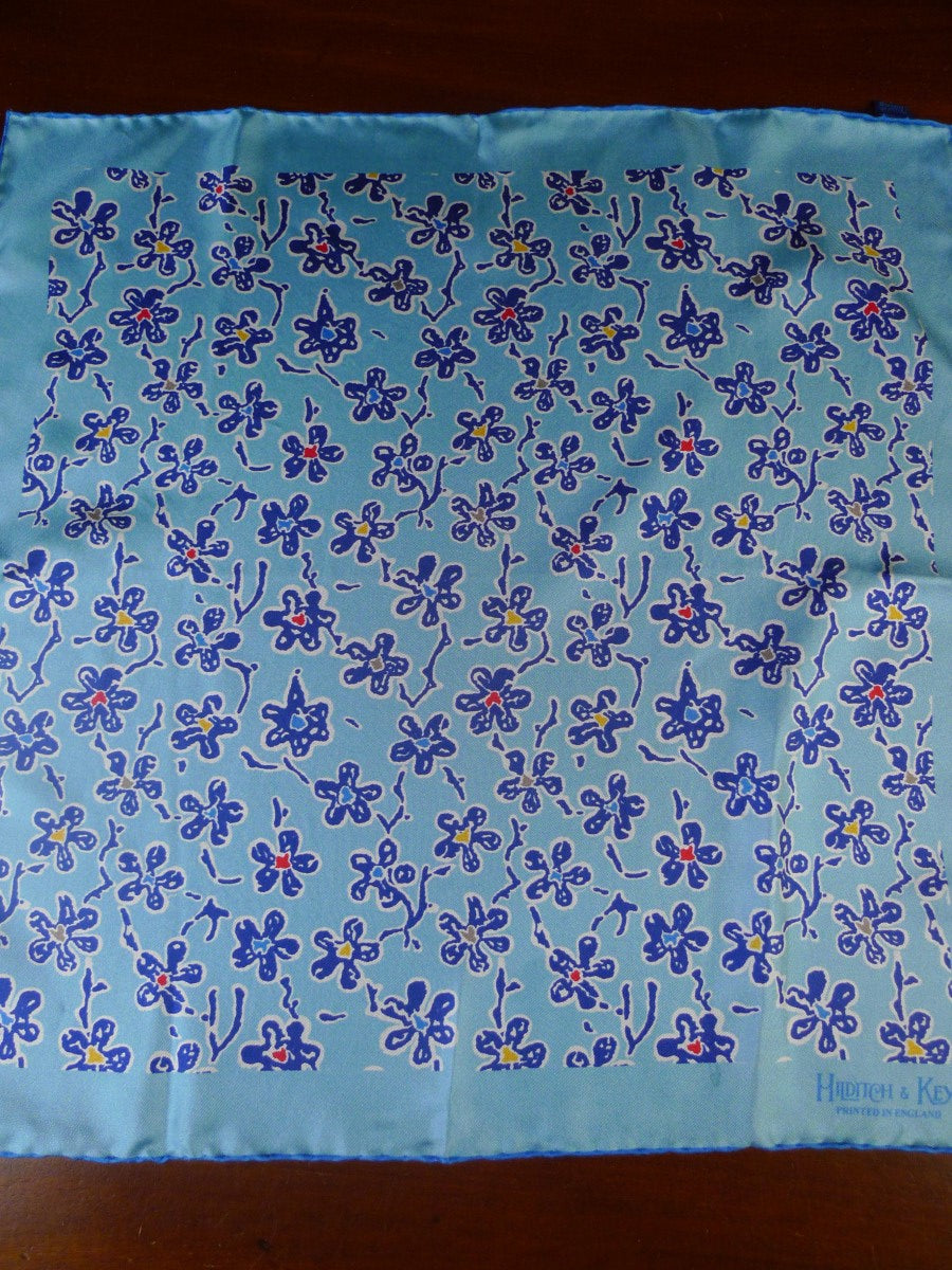 24/0424 new hilditch & key JERMYN ST. teal blue floral pattern all silk pocket square
