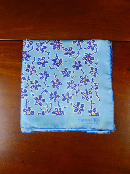 24/0424 new hilditch & key JERMYN ST. teal blue floral pattern all silk pocket square