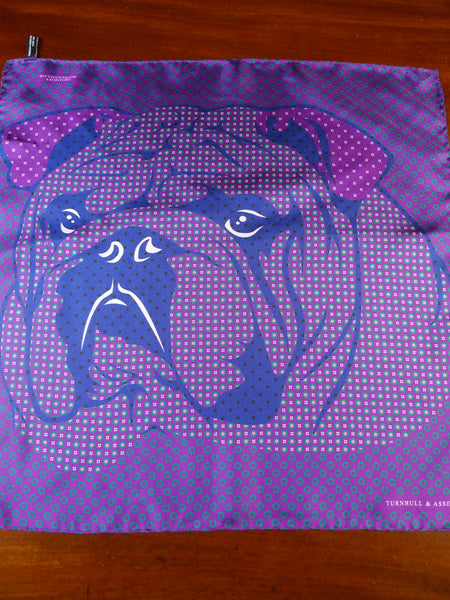 24/0093 immaculate turnbull & asser purple blue bulldog design all silk pocket square