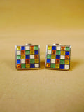 24/0383gbg turnbull & asser gold blue green chequerboard design cufflinks