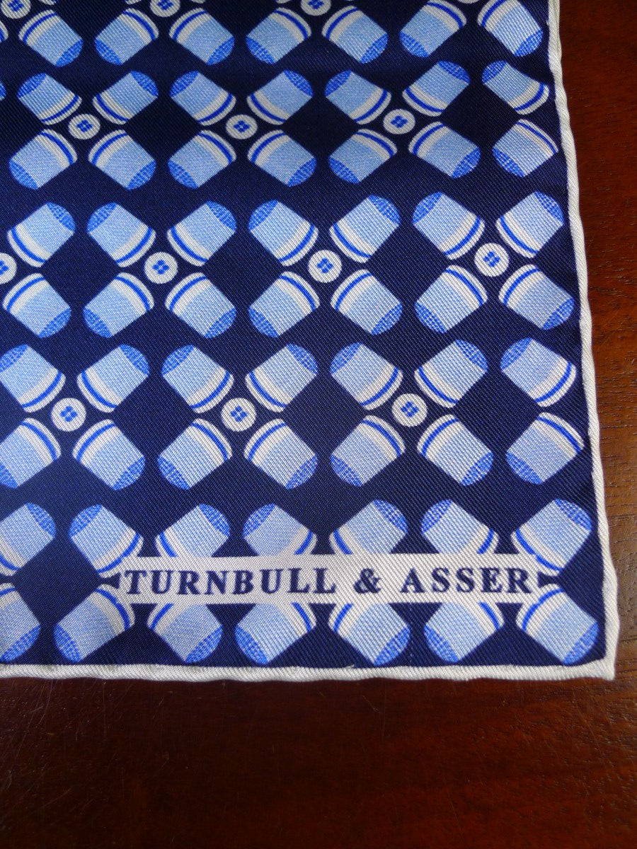 24/0325 TURNBULL & ASSER JERMYN ST. BLUE THIMBLE BUTTON PINS PATTERN ALL SILK POCKET SQUARE