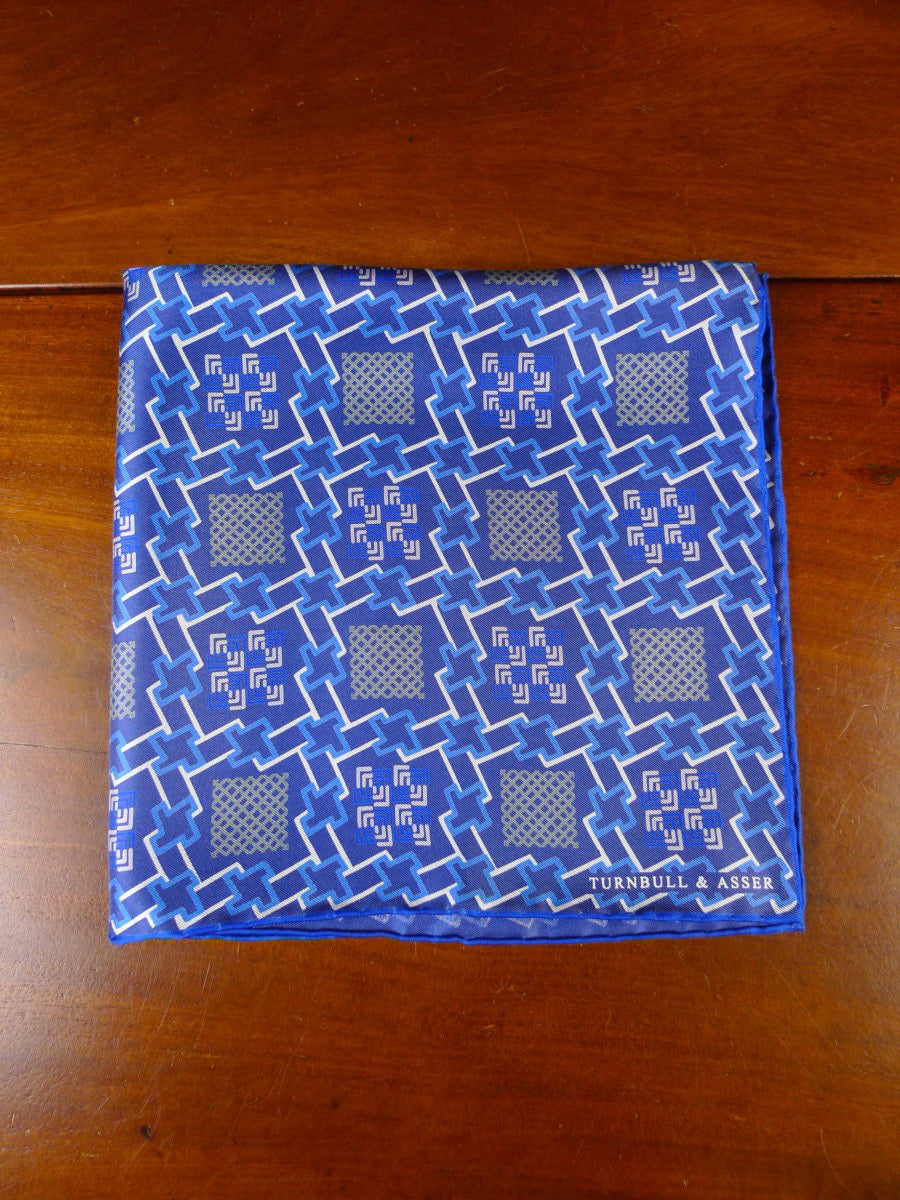 24/0415 new Turnbull & Asser JERMYN ST. blue geometric design all silk pocket square