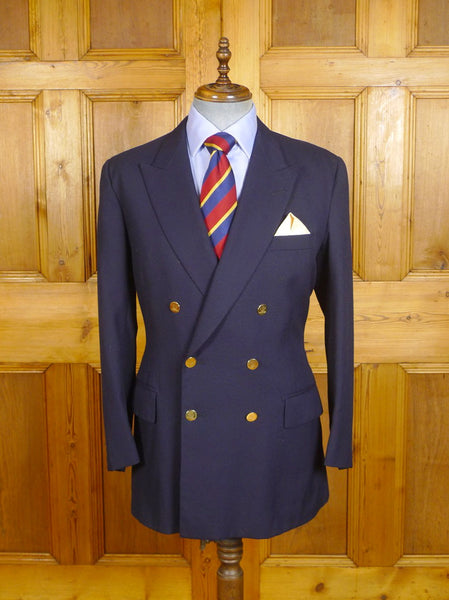 24/0433a superb vintage ward & kruger savile row bespoke navy blue d/b worsted blazer w/ prince of wales buttons 39 long