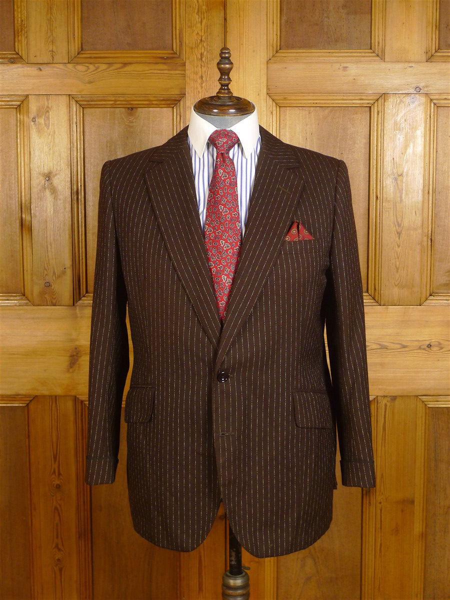 24/1072 wonderful 1976 cyril a castle savile row conduit st brown fancy pin-stripe worsted suit w/ patterned linings 44 short to regular