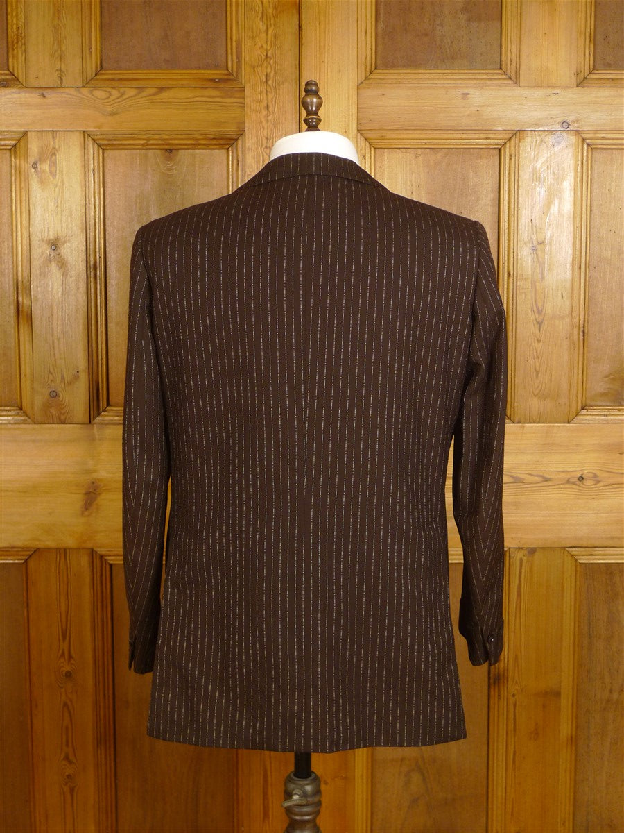 24/1072 wonderful 1976 cyril a castle savile row conduit st brown fancy pin-stripe worsted suit w/ patterned linings 44 short to regular