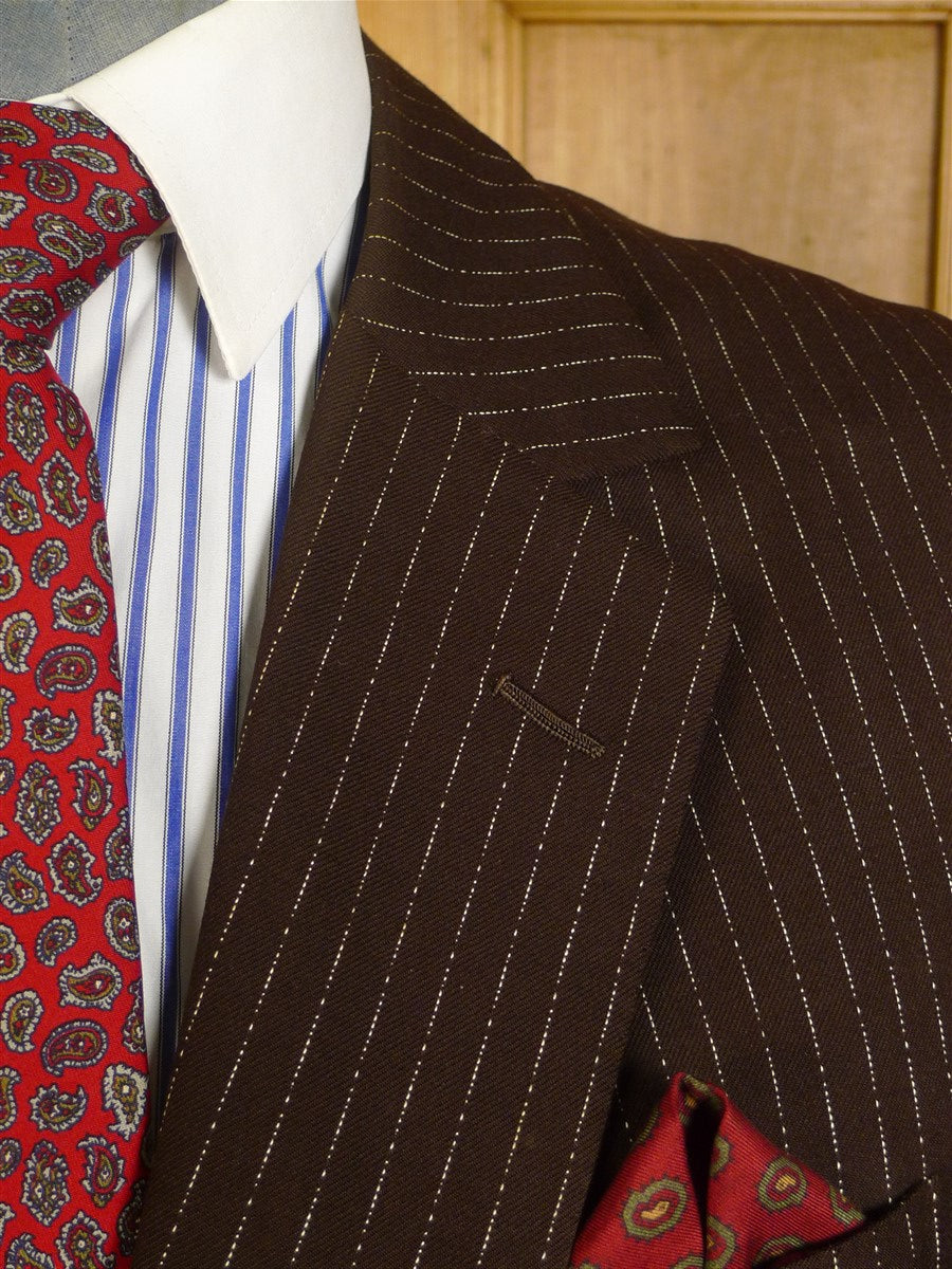 24/1072 wonderful 1976 cyril a castle savile row conduit st brown fancy pin-stripe worsted suit w/ patterned linings 44 short to regular