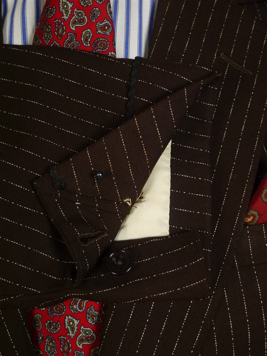 24/1072 wonderful 1976 cyril a castle savile row conduit st brown fancy pin-stripe worsted suit w/ patterned linings 44 short to regular