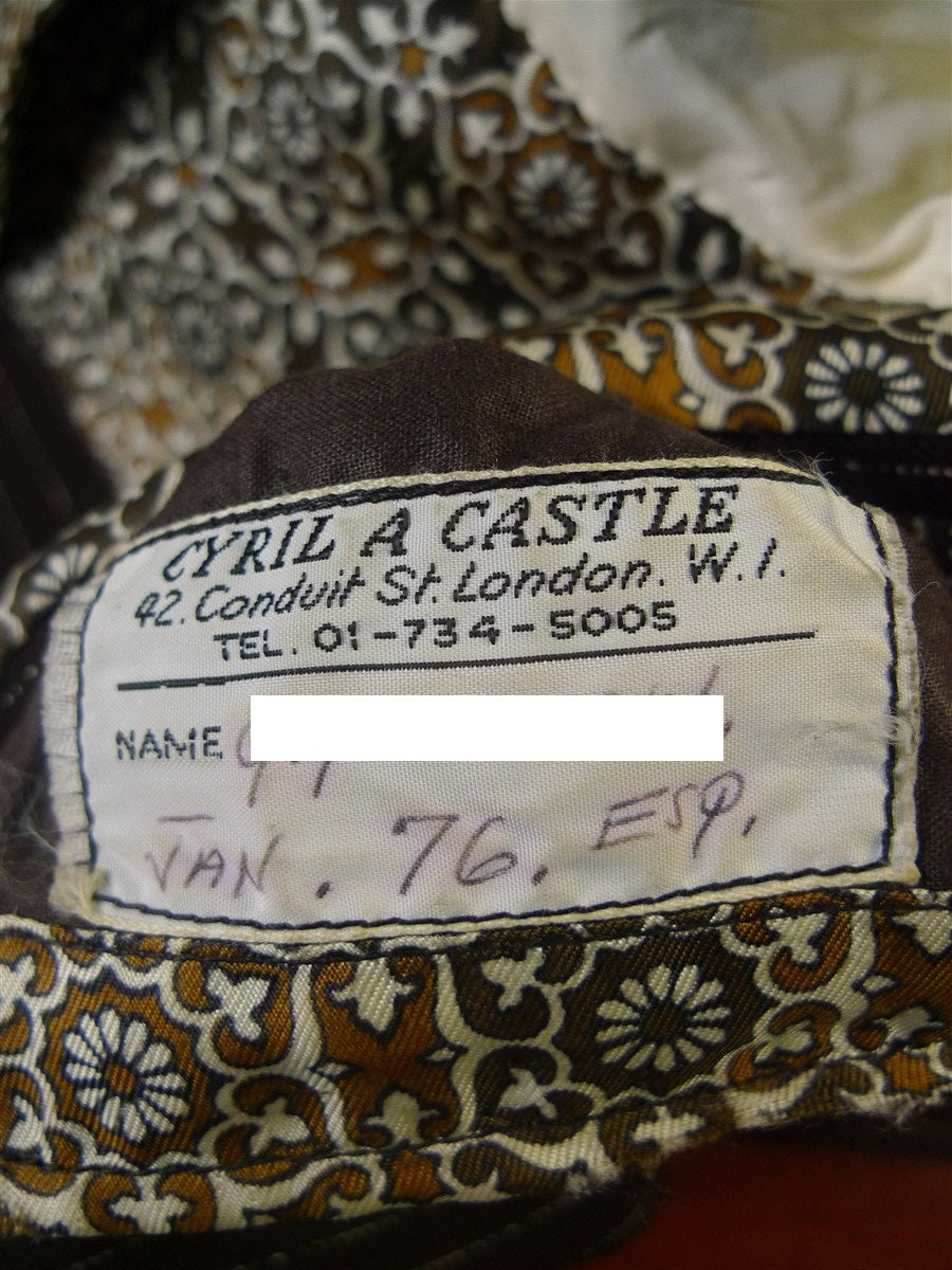 24/1072 wonderful 1976 cyril a castle savile row conduit st brown fancy pin-stripe worsted suit w/ patterned linings 44 short to regular