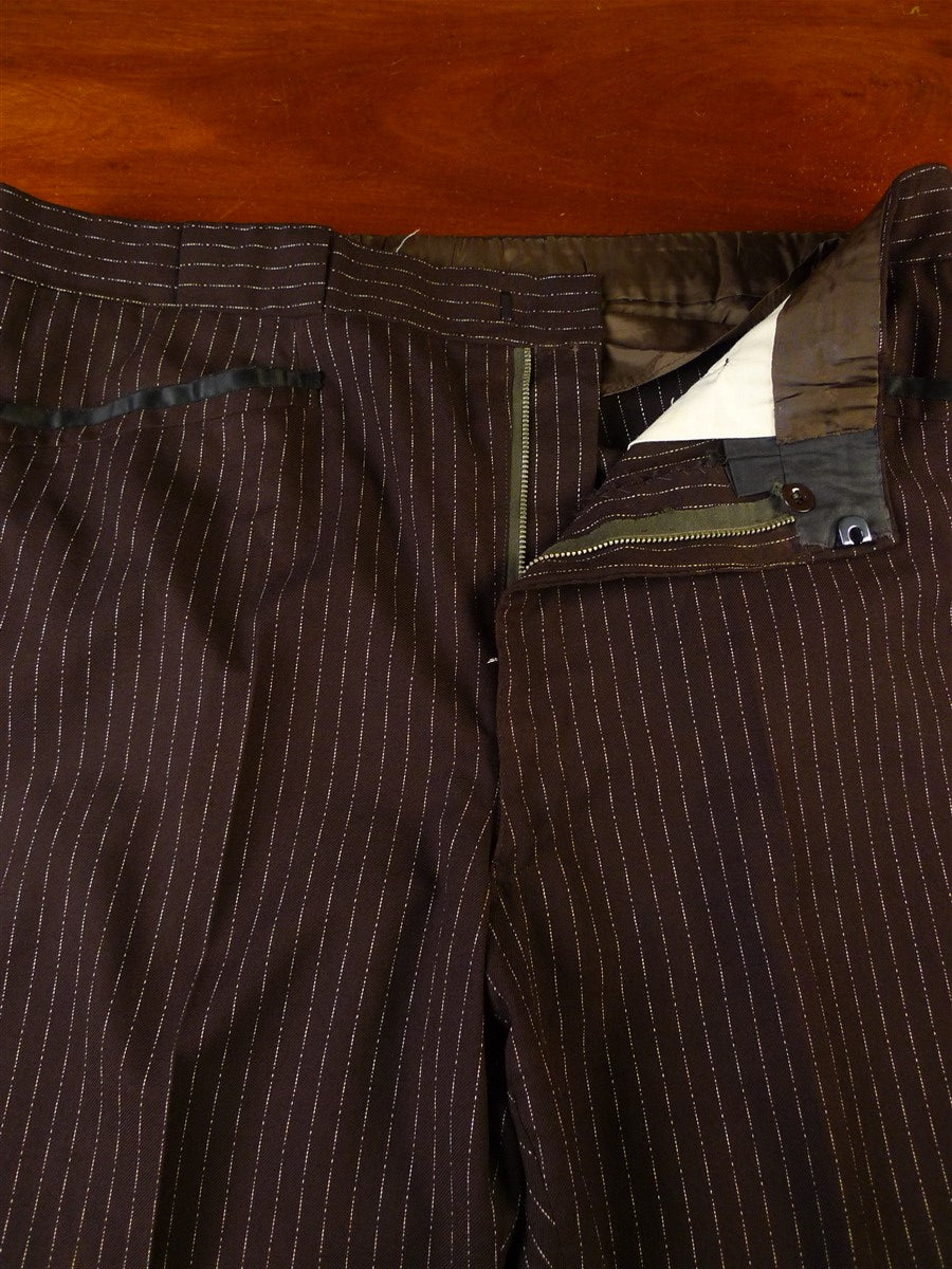 24/1072 wonderful 1976 cyril a castle savile row conduit st brown fancy pin-stripe worsted suit w/ patterned linings 44 short to regular