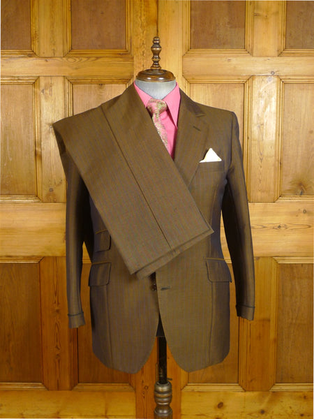 24/1109 beautiful 1974 vintage cyril a castle savile row conduit st brown / blue stripe mohair suit w/ paisley linings 43 short to regular