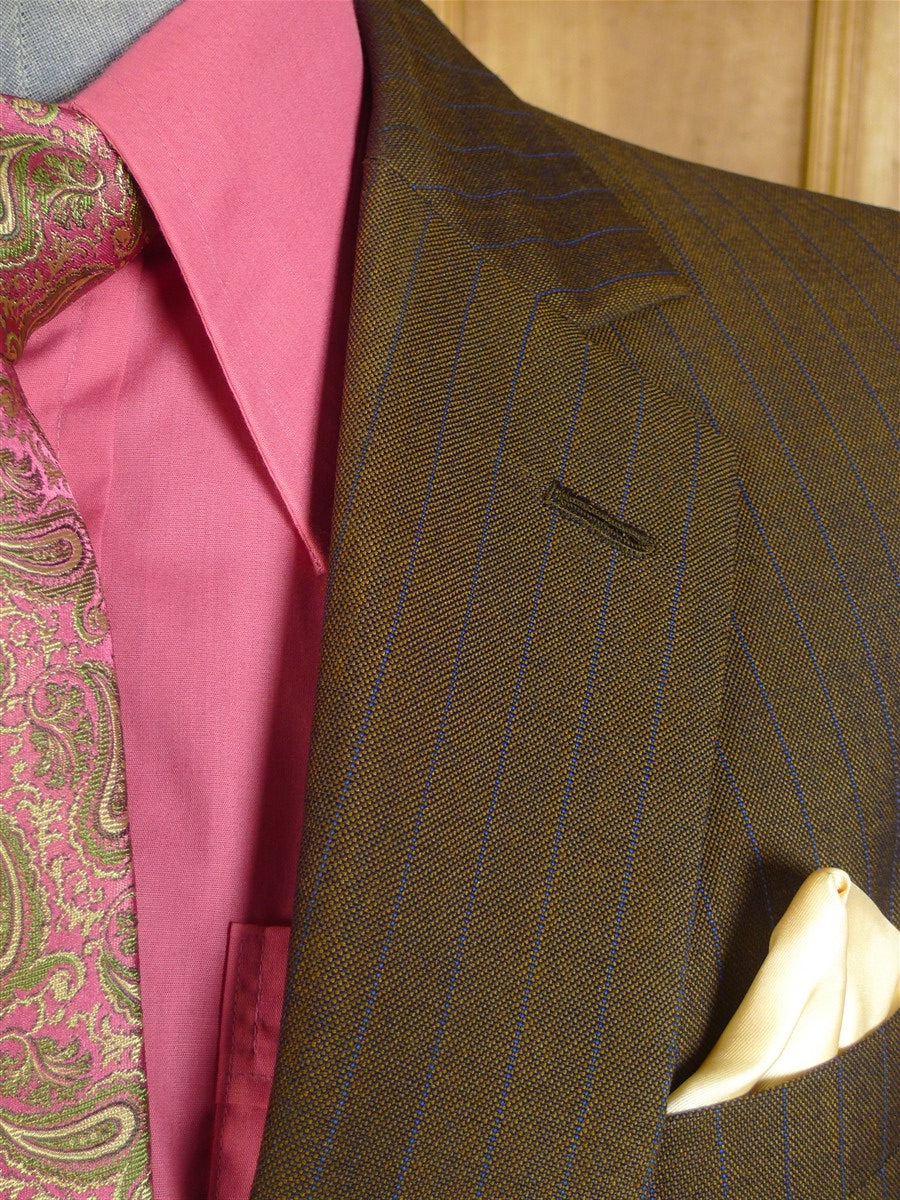 24/1109 beautiful 1974 vintage cyril a castle savile row conduit st brown / blue stripe mohair suit w/ paisley linings 43 short to regular