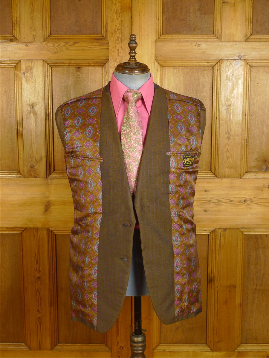 24/1109 beautiful 1974 vintage cyril a castle savile row conduit st brown / blue stripe mohair suit w/ paisley linings 43 short to regular