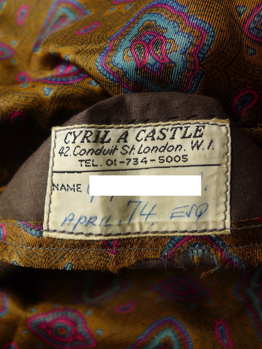 24/1109 beautiful 1974 vintage cyril a castle savile row conduit st brown / blue stripe mohair suit w/ paisley linings 43 short to regular