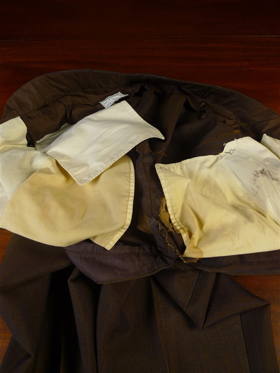 24/1109 beautiful 1974 vintage cyril a castle savile row conduit st brown / blue stripe mohair suit w/ paisley linings 43 short to regular