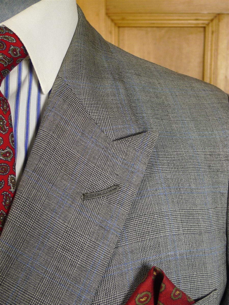 24/1135 vintage 1990 dege savile row bespoke grey / blue prince of wales check d/b worsted suit 41 short
