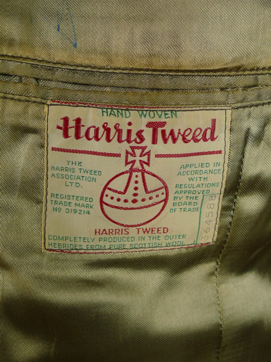 25/0125 superb genuine 1960s vintage green harris tweed jacket w/ original leather buttons 37 short