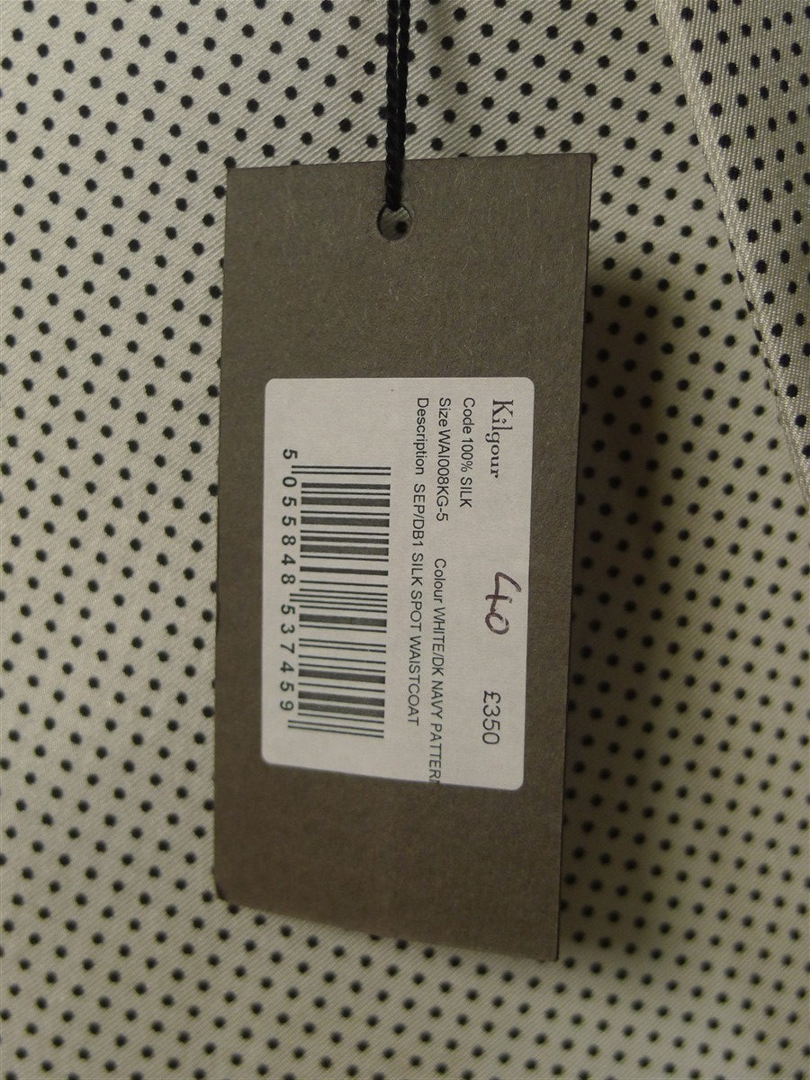 25/0221C new w/tags kilgour savile row 100% silk white / dark navy polka dot 1/1 d/b morning waistcoat (rrp £350) 40