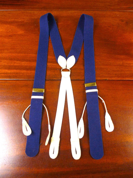 25/0308 vintage albert thurston navy blue box cloth braces w/ white leather ends multifit