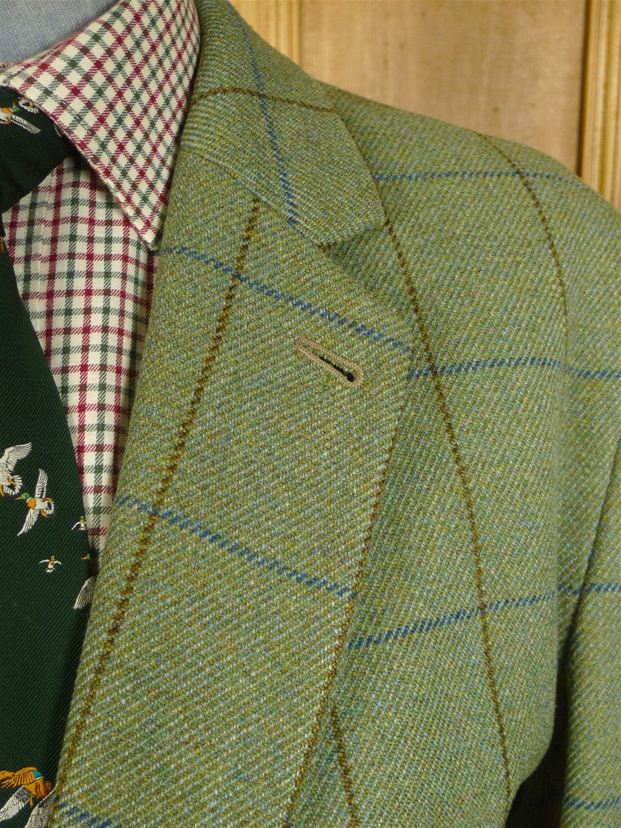 25/0315 vintage haggart of aberfeldy heavyweight green wp check tweed jacket w/ ghillie collar 48 long