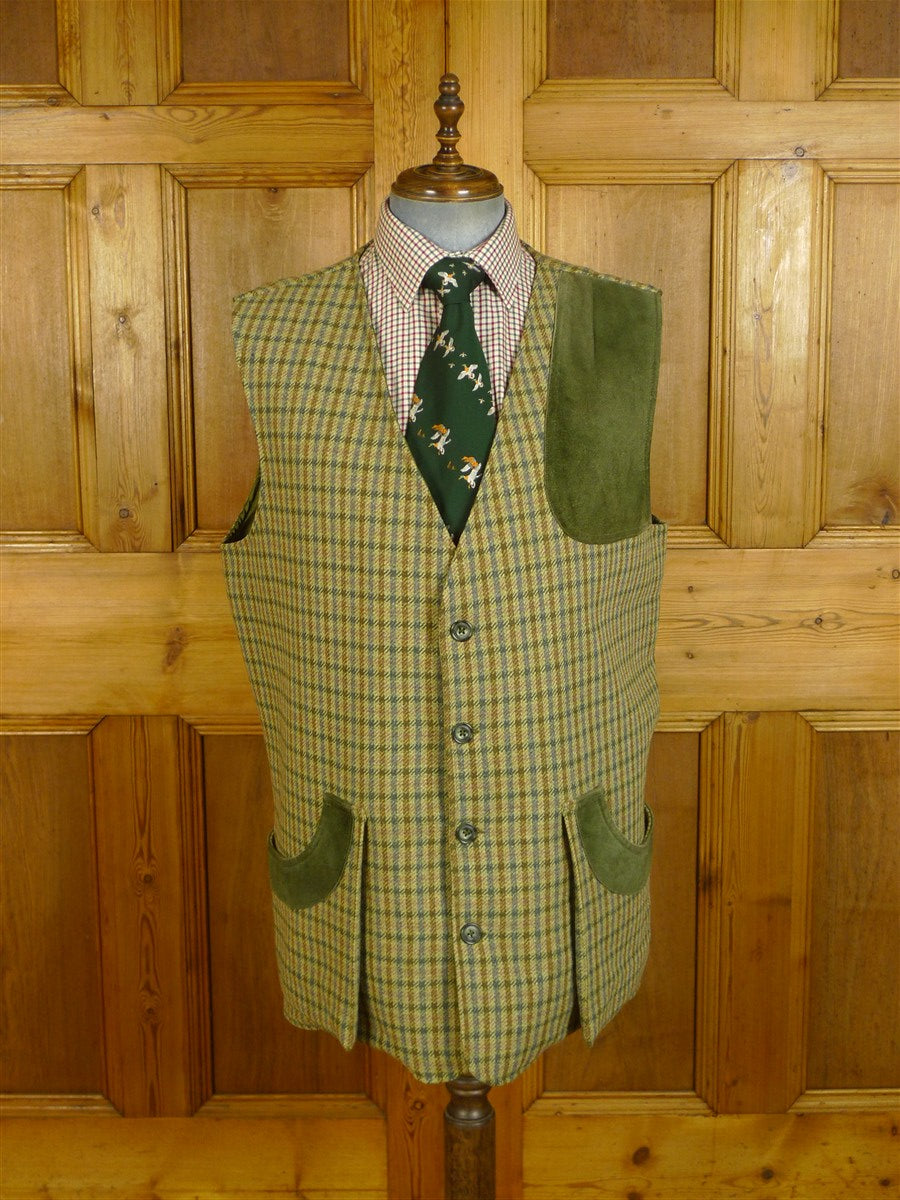 25/0329 immaculate stewart christie edinburgh heavyweight bespoke green gun check 3-piece tweed shooting suit jacket / gilet trouser 50 long