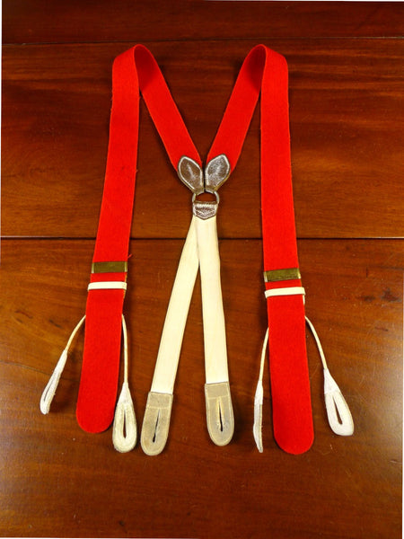 25/0342 vintage albert thurston london red boxcloth braces w/ white leather ends multifit