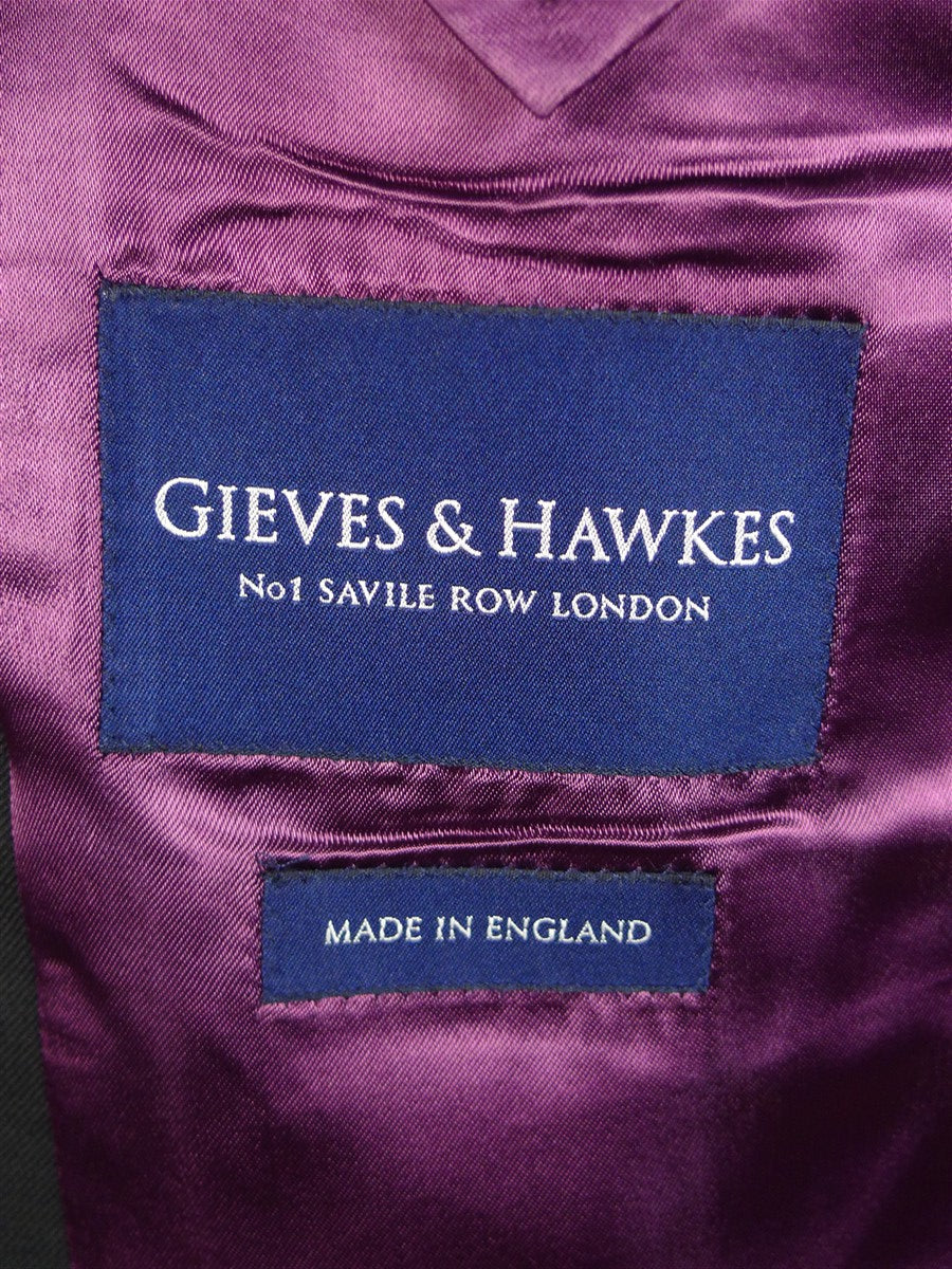 25/0346 near immaculate gieves & hawkes savile row black wool 3-piece suit w/ burgundy linings 45 regular