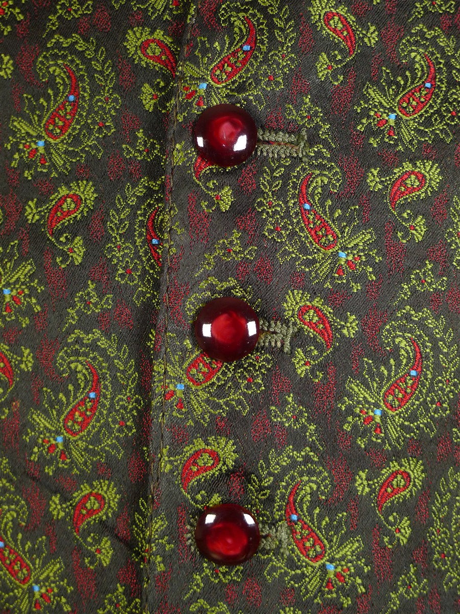 25/0637 immaculate vintage redmayne green / red paisley rayon silk country / morning waistcoat 38