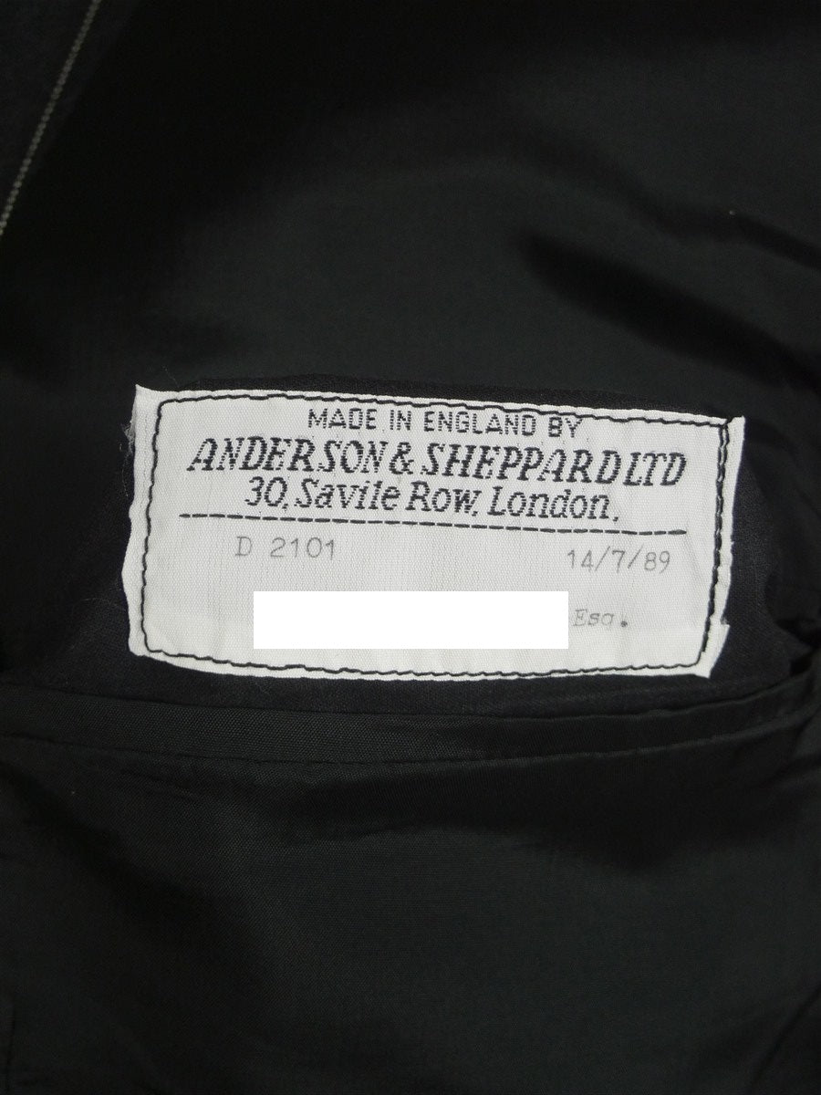 25/0732 immaculate vintage 1989 anderson & sheppard savile row bespoke charcoal grey d/b pin-stripe worsted suit 48 extra long