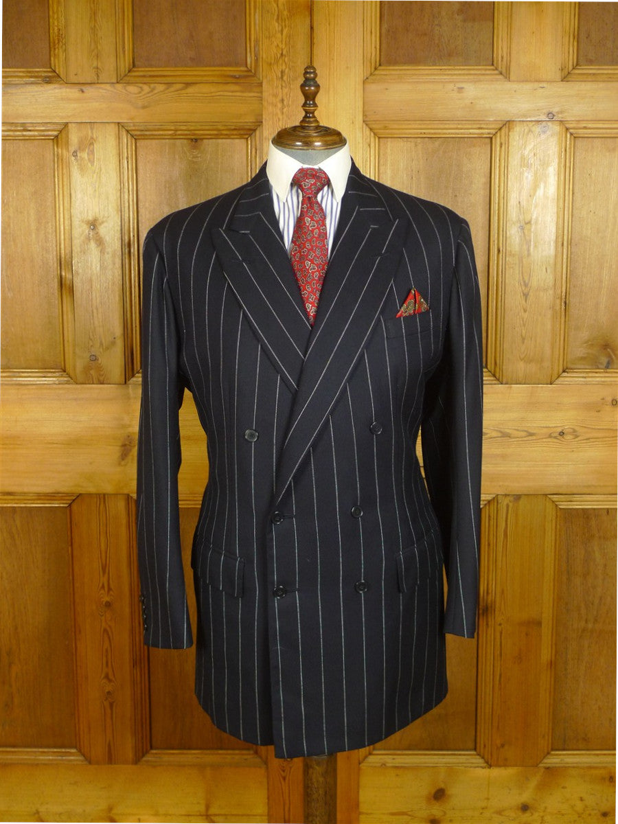 25/0754 immaculate 1989 anderson & sheppard savile row bespoke navy blue pin-stripe d/b worsted suit 47 extra long