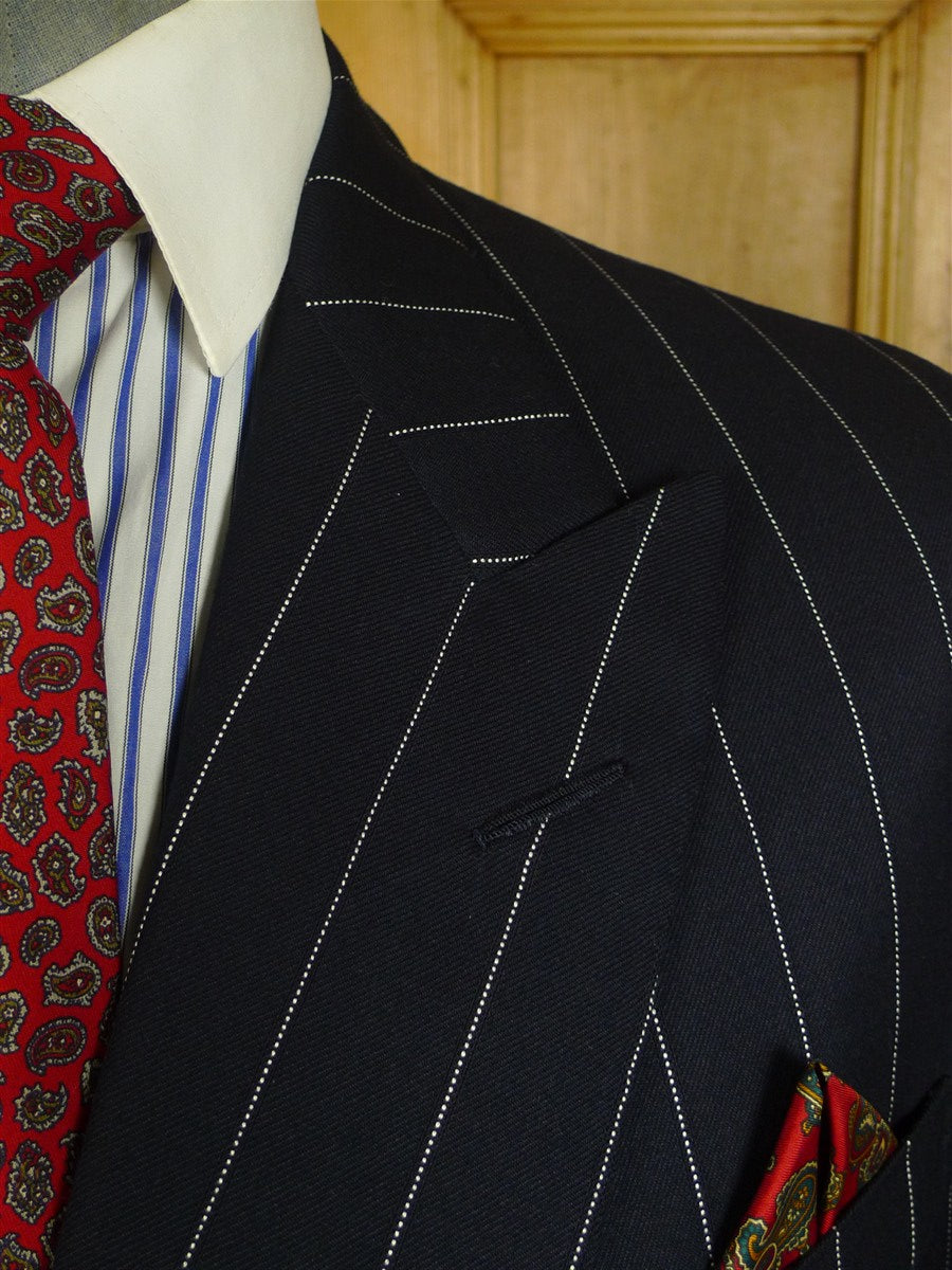 25/0754 immaculate 1989 anderson & sheppard savile row bespoke navy blue pin-stripe d/b worsted suit 47 extra long
