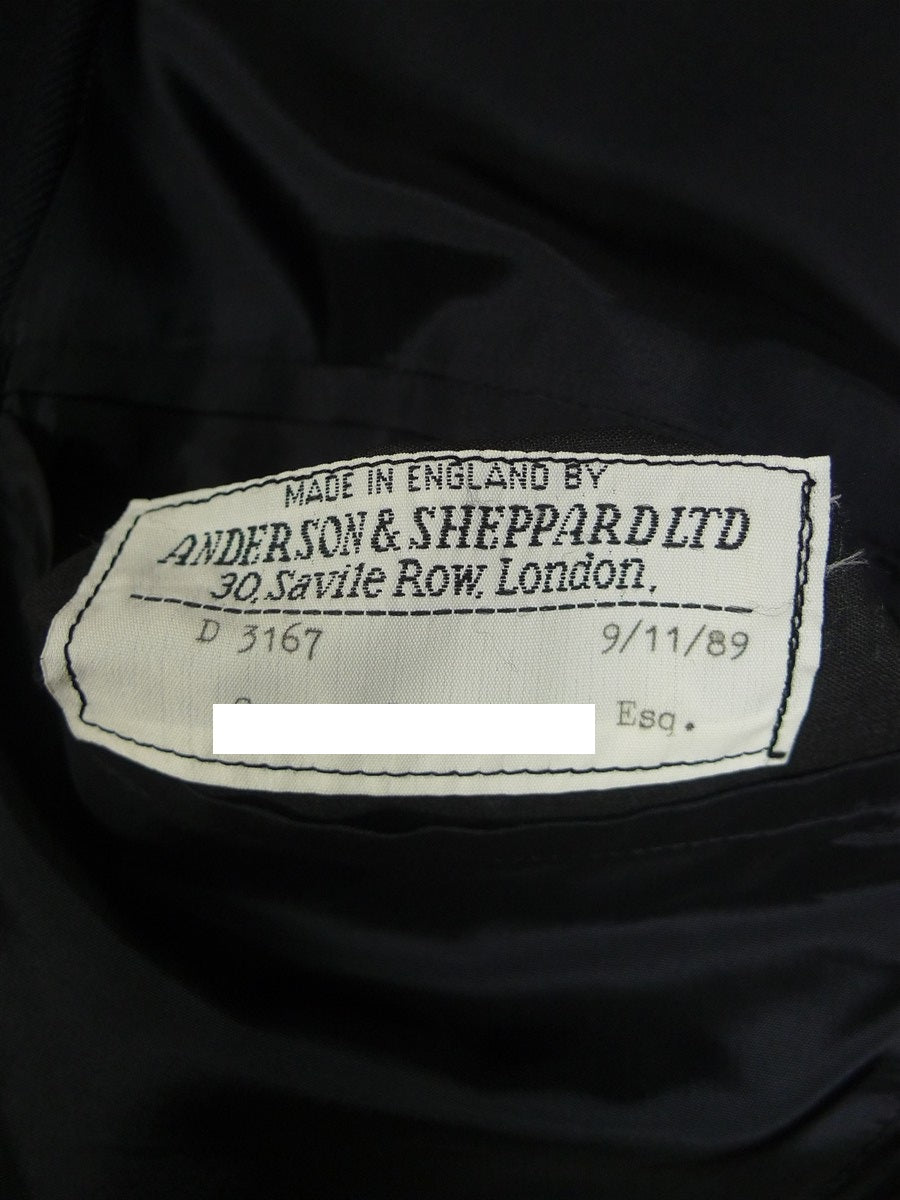 25/0754 immaculate 1989 anderson & sheppard savile row bespoke navy blue pin-stripe d/b worsted suit 47 extra long