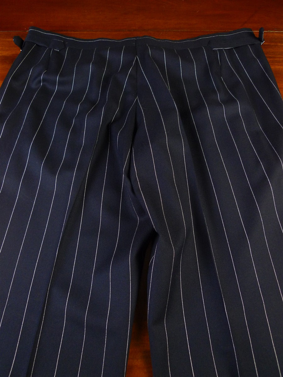 25/0754 immaculate 1989 anderson & sheppard savile row bespoke navy blue pin-stripe d/b worsted suit 47 extra long