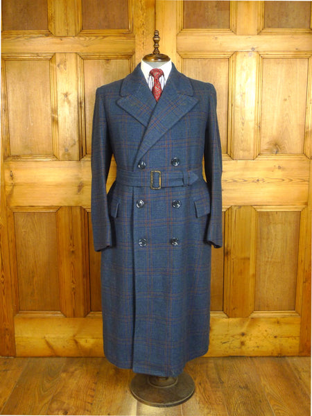 25/0790 stunning 1946 blue / red glen check heavyweight d/b wool overcoat w/ belt 40-42 long