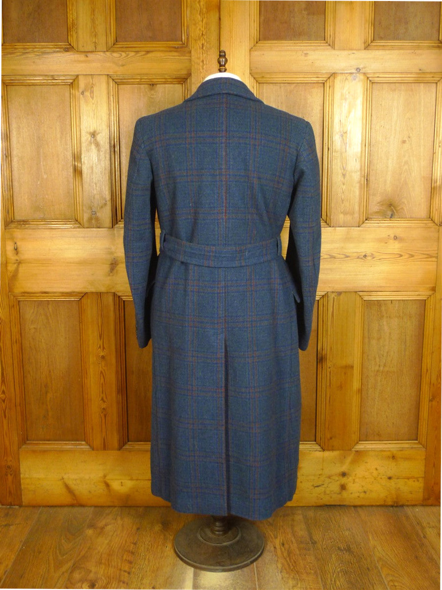 25/0790 stunning 1946 blue / red glen check heavyweight d/b wool overcoat w/ belt 40-42 long