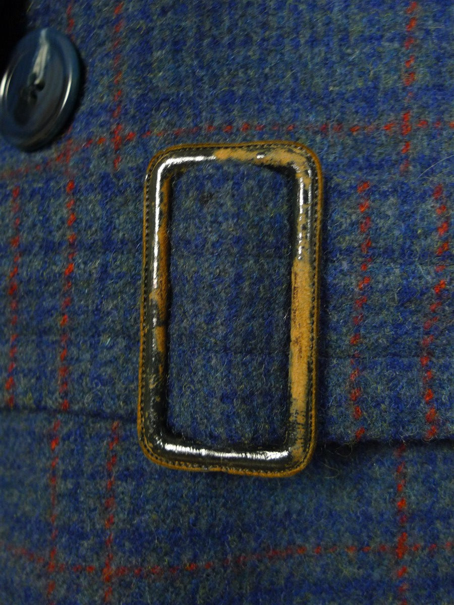 25/0790 stunning 1946 blue / red glen check heavyweight d/b wool overcoat w/ belt 40-42 long