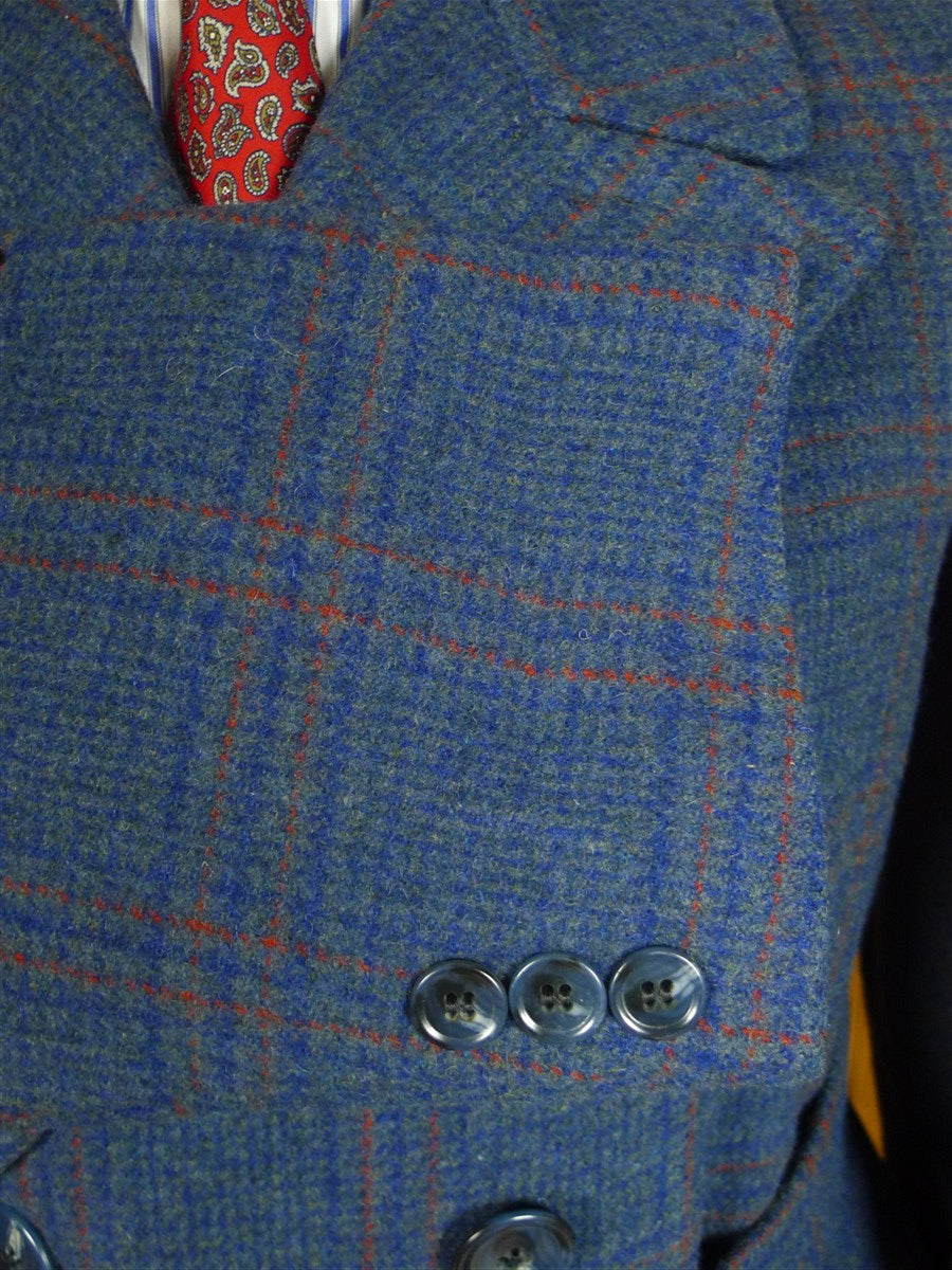 25/0790 stunning 1946 blue / red glen check heavyweight d/b wool overcoat w/ belt 40-42 long